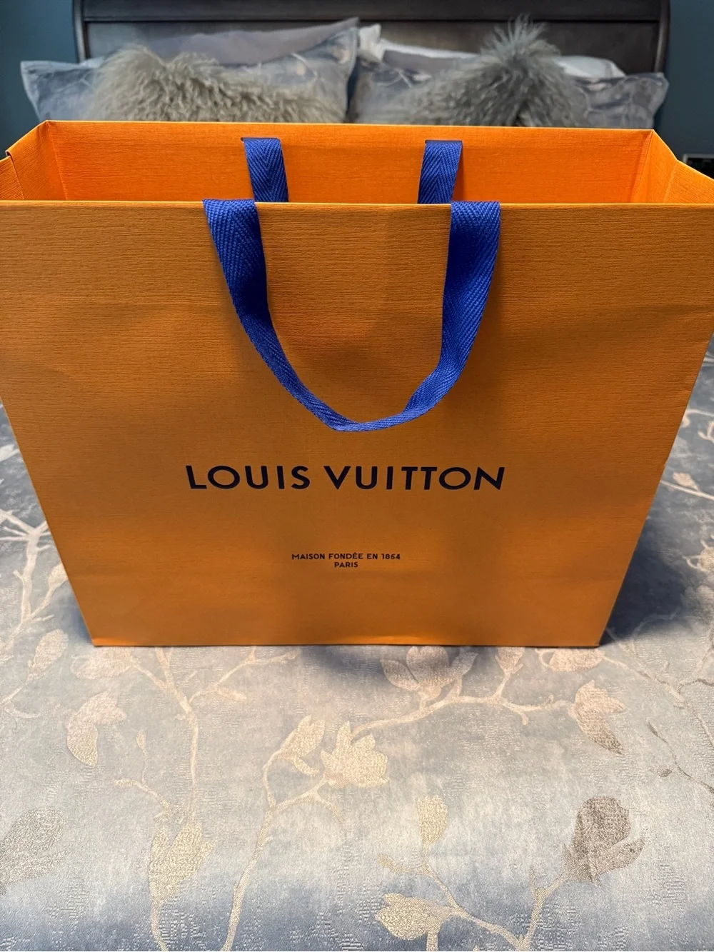 Louis Vuitton Orange Empty Gift Bag with Blue Ribbon Handles